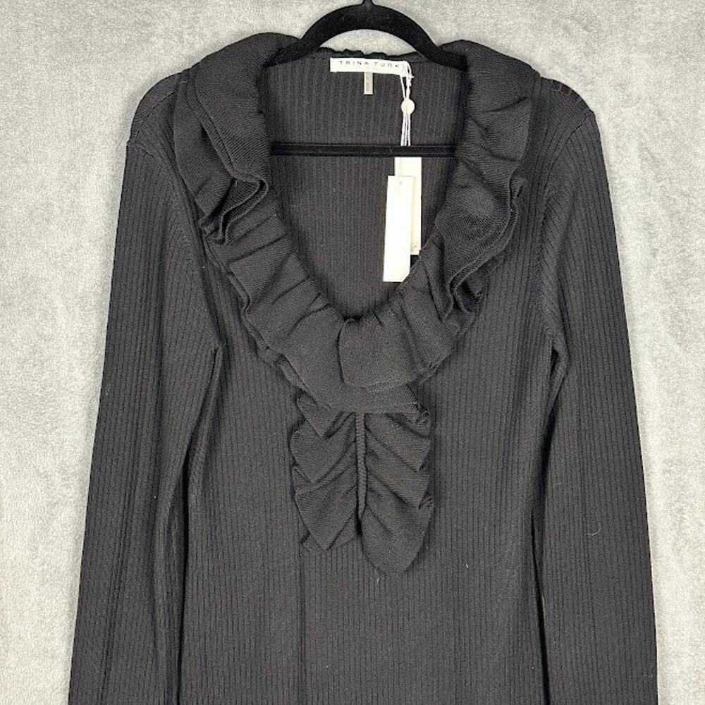 Trina Turk Dress Womens Large Black Quill Ruffle Sweater Quiet Luxury Party - Picture 4 of 13